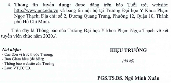 Đại học Y khoa Phạm Ngọc Thạch tuyển dụng viên chức năm 2020