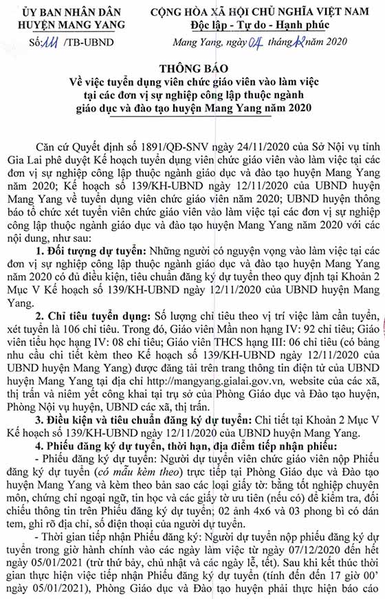 UBND huyện Mang Yang, Gia Lai tuyển dụng viên chức giáo viên năm 2020