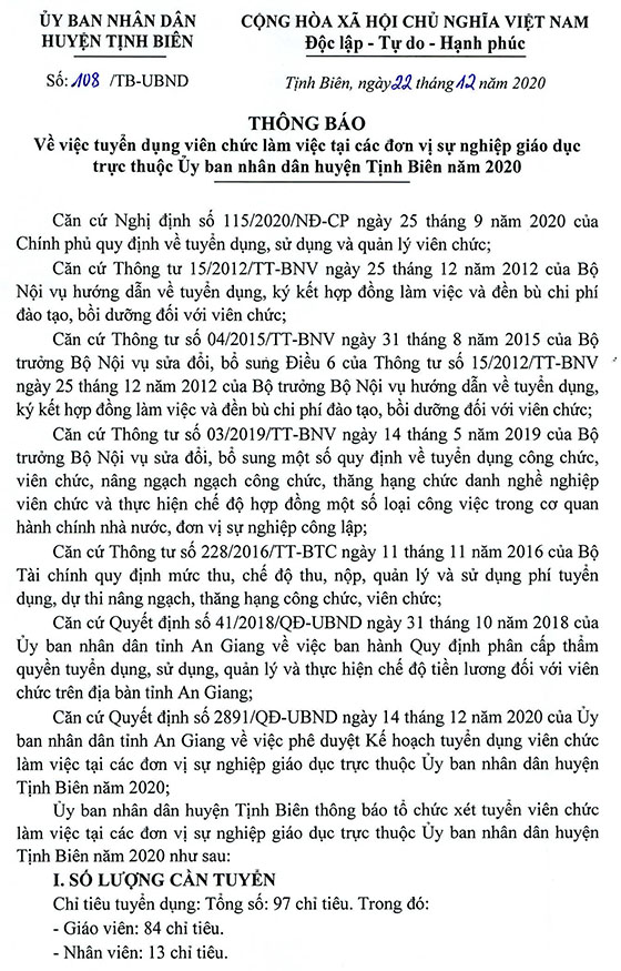 UBND huyện Tịnh Biên, An Giang tuyển dụng viên chức giáo dục năm 2020