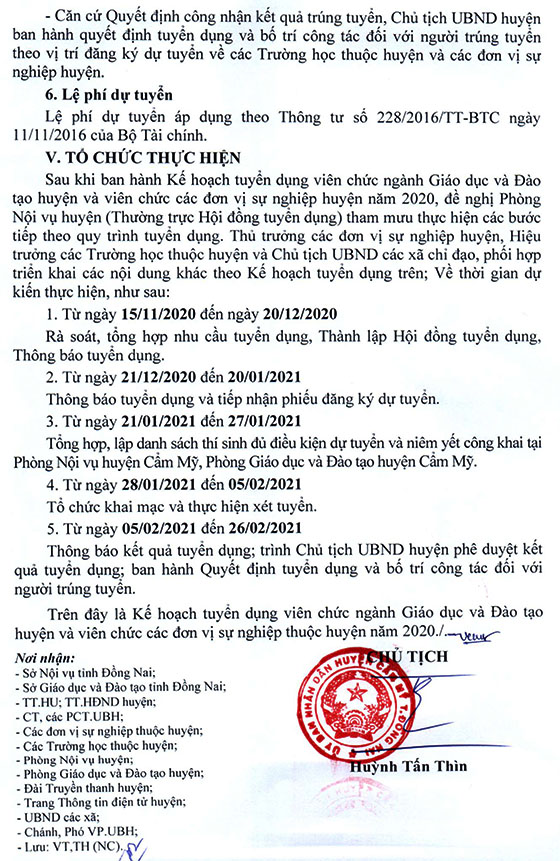 UBND huyện Cẩm Mỹ, Đồng Nai tuyển dụng viên chức giáo dục năm 2020