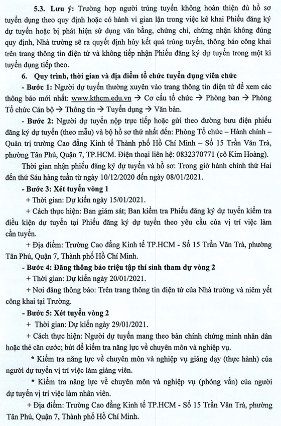 Trường Cao đẳng Kinh tế TP. Hồ Chí Minh tuyển dụng viên chức đợt 1 năm học 2020-2021