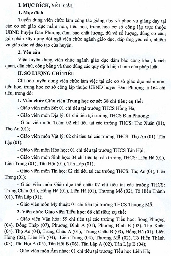 UBND huyện Đan Phượng, TP.Hà Nội tuyển dụng giáo viên và nhân viên trường học năm 2020