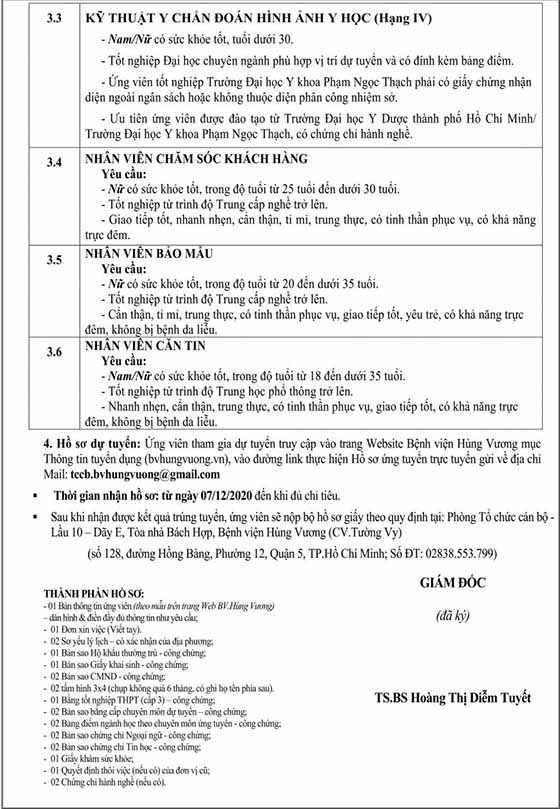Bệnh viện Hùng Vương tuyển dụng nhân sự tháng 12/2020