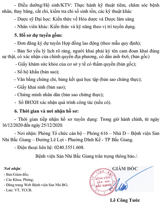 Bệnh viện Sản nhi Bắc Giang tuyển dụng LĐHĐ đợt 1 năm 2020
