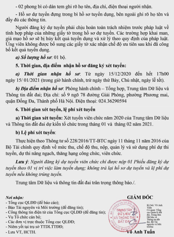 Trung tâm Dữ liệu và Thông tin đất đai TP. Hà Nội tuyển dụng viên chức năm 2020