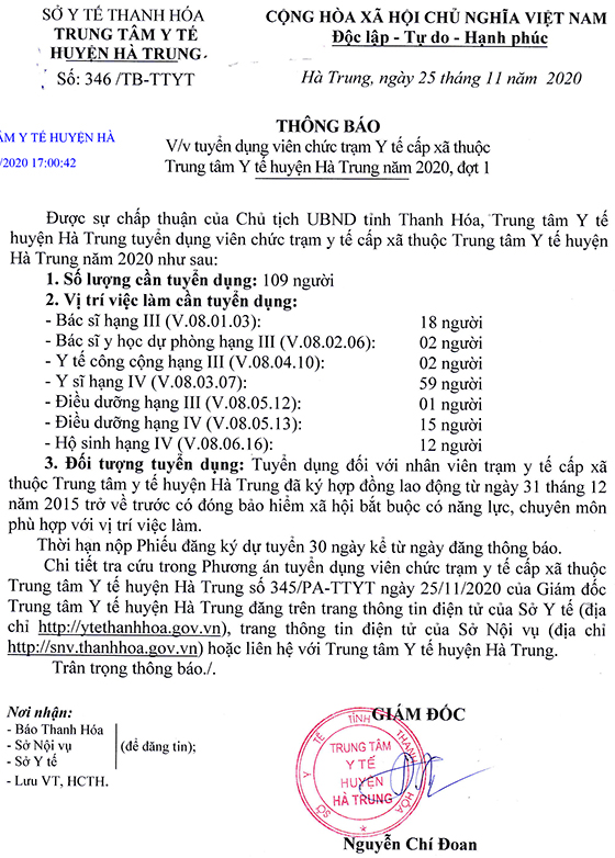 TTYT huyện Hà Trung, Thanh Hóa tuyển dụng viên chức TYT cấp xã đợt 1 năm 2020
