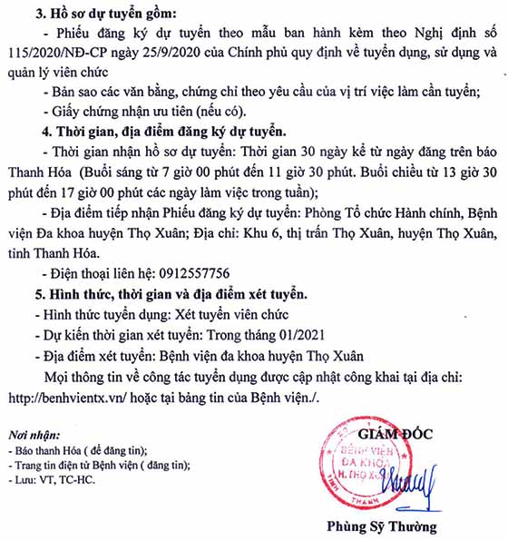 Bệnh viện đa khoa Thọ Xuân, Thanh Hóa tuyển dụng viên chức năm 2020