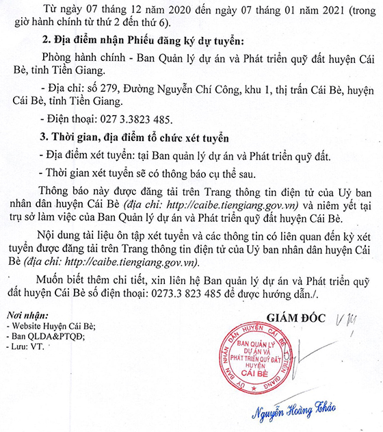 BQL dự án và Phát triển quỹ đất huyện Cái Bè, Tiền Giang tuyển dụng viên chức năm 2020