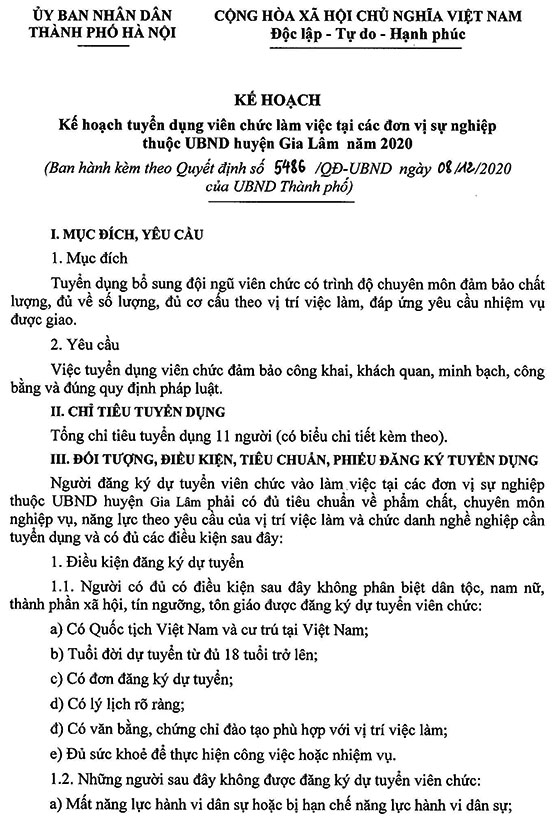 UBND huyện Gia Lâm, TP.Hà Nội tuyển dụng viên chức năm 2020