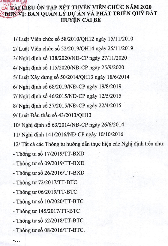 BQL dự án và Phát triển quỹ đất huyện Cái Bè, Tiền Giang tuyển dụng viên chức năm 2020