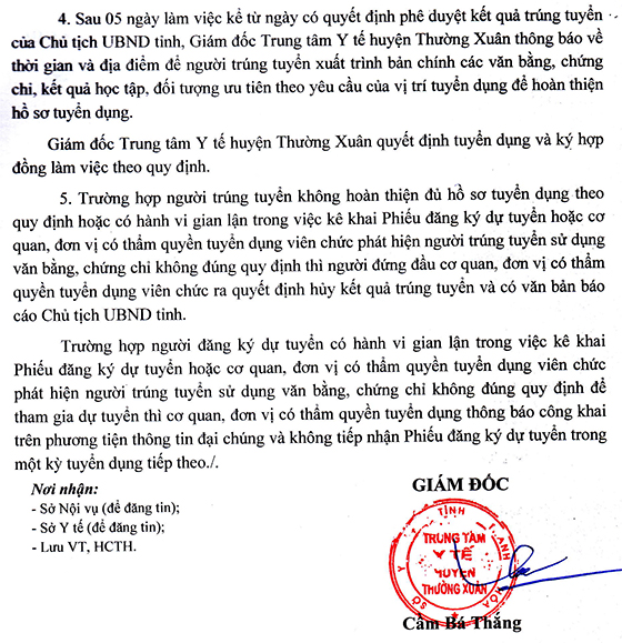TTYT huyện Thường Xuân tuyển dụng viên chức TYT cấp xã năm 2020