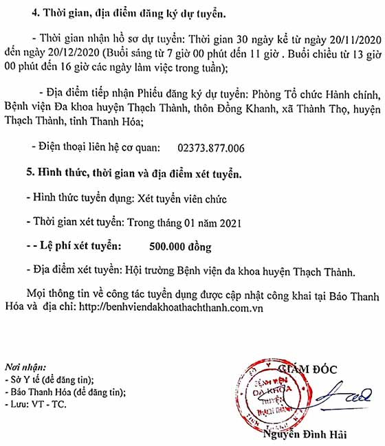 Bệnh viện đa khoa huyện Thạch Thành, Thanh Hóa tuyển dụng viên chức năm 2020