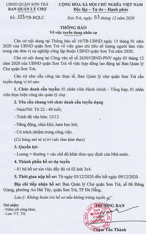 BQL chợ quận Sơn Trà, Đà Nẵng tuyển dụng nhân sự năm 2020