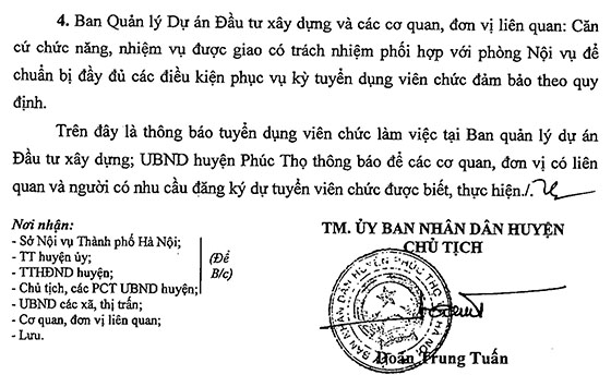 BQL dự án Đầu tư xây dựng huyện Phúc Thọ, TP. Hà Nội tuyển dụng viên chức năm 2020