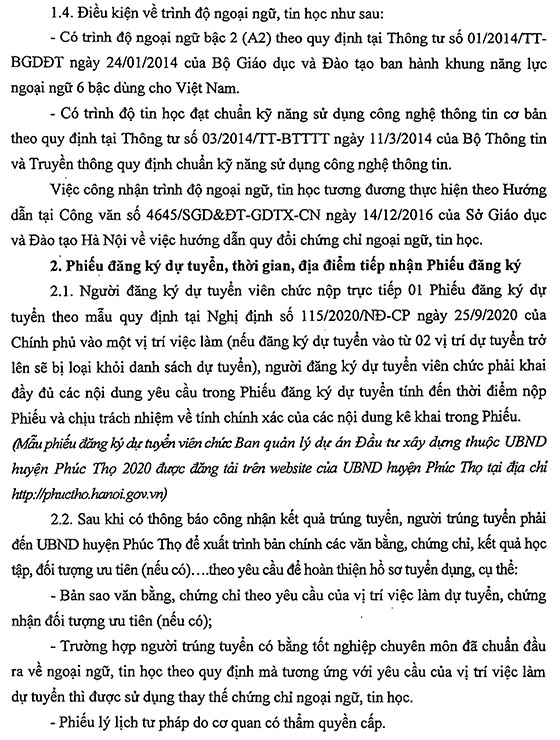 BQL dự án Đầu tư xây dựng huyện Phúc Thọ, TP. Hà Nội tuyển dụng viên chức năm 2020
