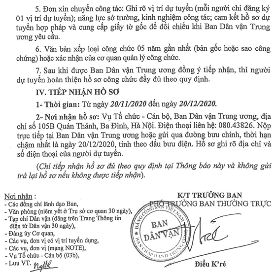 Ban Dân vận Trung ương thông báo tiếp nhận công chức năm 2020