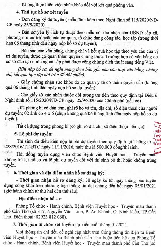 Bệnh viện Huyết học và Truyền máu thành phố Cần Thơ tuyển dụng viên chức đợt 2 năm 2020