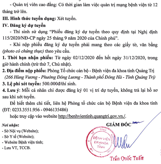 Bệnh viện đa khoa tỉnh Quảng Trị tuyển dụng viên chức năm 2020