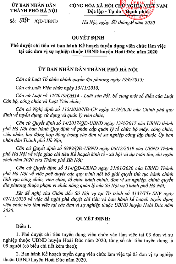 UBND TP. Hà Nội tuyển dụng viên chức làm việc tại các đơn vị sự nghiệp thuộc UBND huyện Hoài Đức năm 2020