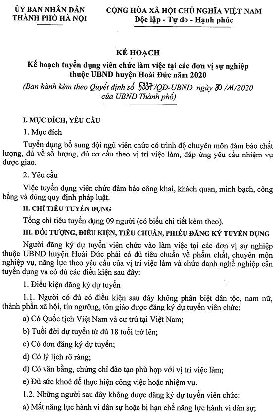UBND TP. Hà Nội tuyển dụng viên chức làm việc tại các đơn vị sự nghiệp thuộc UBND huyện Hoài Đức năm 2020