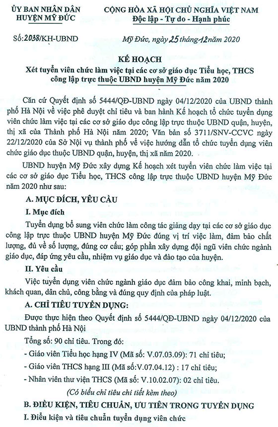 UBND huyện Mỹ Đức, TP.Hà Nội tuyển dụng giáo viên và nhân viên trường học năm 2020