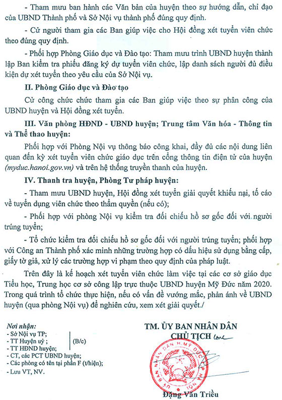 UBND huyện Mỹ Đức, TP.Hà Nội tuyển dụng giáo viên và nhân viên trường học năm 2020