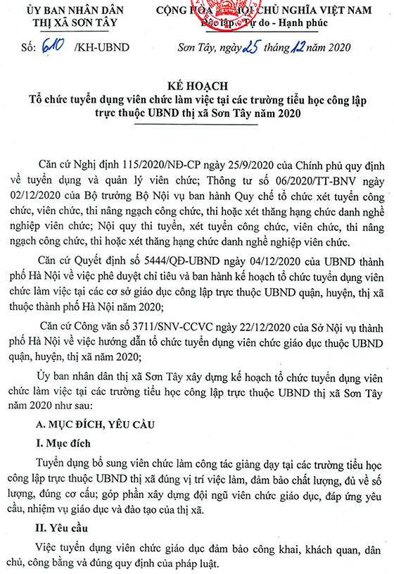 UBND thị xã Sơn Tây, TP.Hà Nội tuyển dụng giáo viên tiểu học năm 2020
