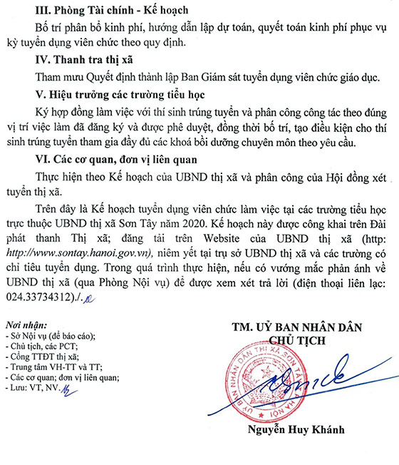 UBND thị xã Sơn Tây, TP.Hà Nội tuyển dụng giáo viên tiểu học năm 2020