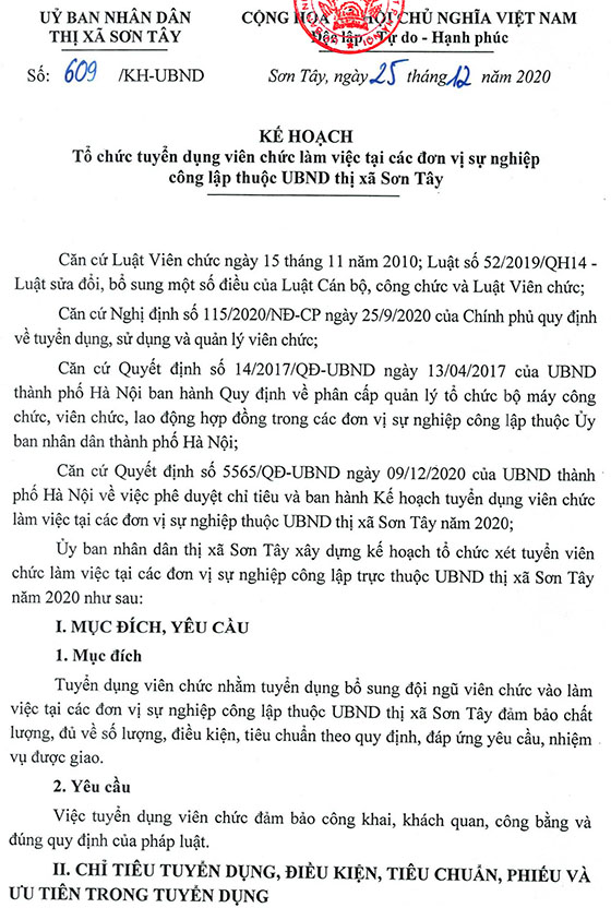 UBND thị xã Sơn Tây, TP.Hà Nội tuyển dụng viên chức năm 2020