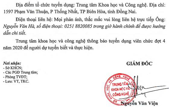 TT Khoa học và Công nghệ tỉnh Đồng Nai tuyển dụng viên chức đợt 4 năm 2020