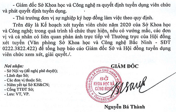 Sở Khoa học và Công nghệ tỉnh Bắc Ninh tuyển dụng viên chức năm 2020