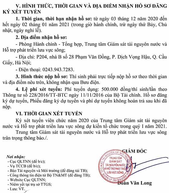 TT Giám sát tài nguyên nước và Hỗ trợ phát triển lưu vực sông tuyển dụng viên chức năm 2020