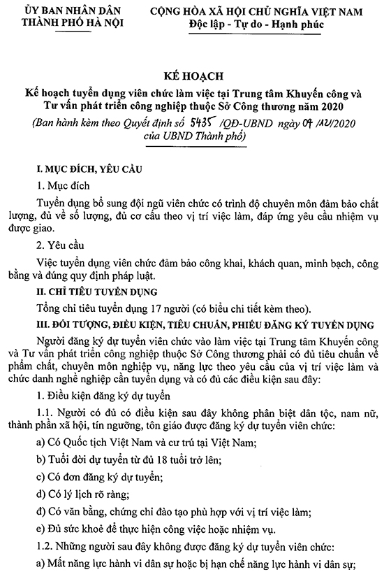 UBND TP. Hà Nội tuyển dụng viên chức làm việc tại TT Khuyến nông và Tư vấn phát triển công nghiệp năm 2020