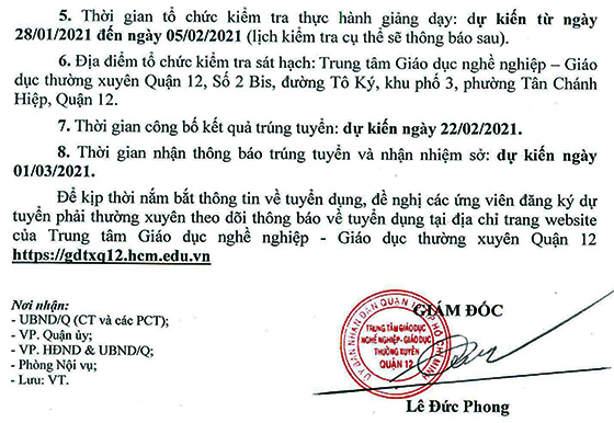 TT Giáo dục nghề nghiệp - GDTX quận 12, TP.Hồ Chí Minh tuyển dụng viên chức năm học 2020-2021