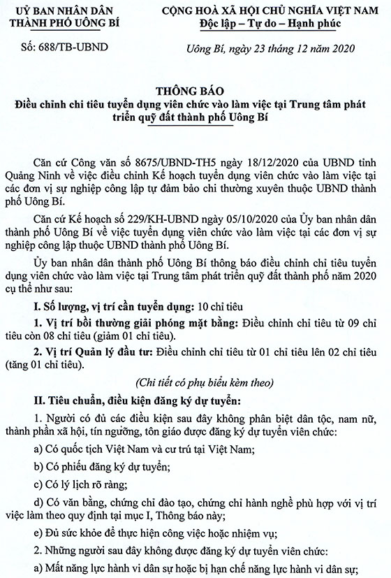 TT phát triển Quỹ đất TP. Uông Bí, Quảng Ninh tuyển dụng viên chức năm 2020