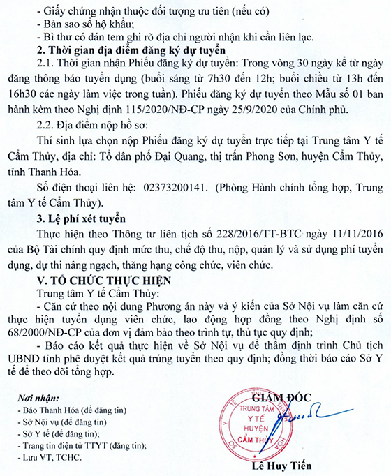 TTYT huyện Cẩm Thủy, Thanh Hóa tuyển dụng viên chức và LĐHĐ năm 2020