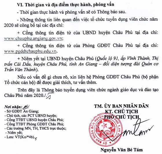 UBND huyện Châu Phú, An Giang tuyển dụng viên chức giáo dục năm 2020