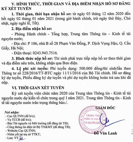 Trung tâm Thông tin - Kinh tế tài nguyên nước tuyển dụng viên chức năm 2020