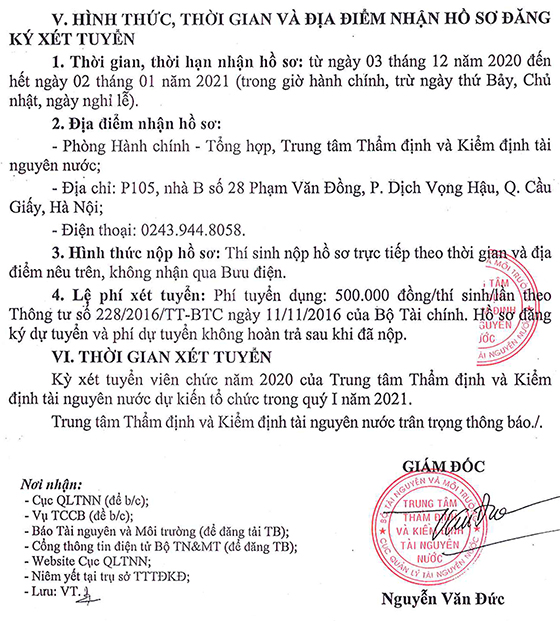 Trung tâm Thẩm định và Kiểm định tài nguyên nước - BTNMT tuyển dụng viên chức năm 2020