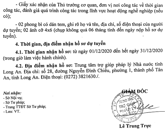 Trung tâm Trợ giúp pháp lý nhà nước tỉnh Long An tuyển dụng viên chức năm 2020