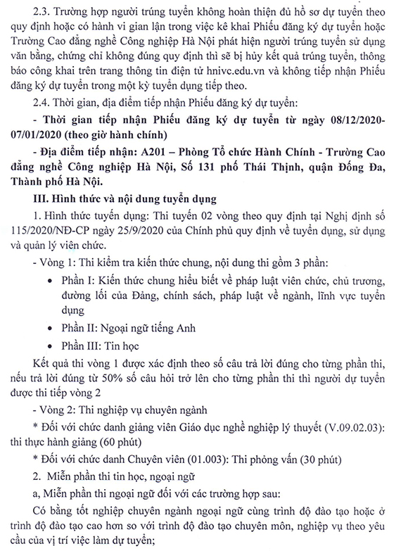 Trường Cao đẳng nghề Công nghiệp Hà Nội tuyển dụng viên chức năm 2020