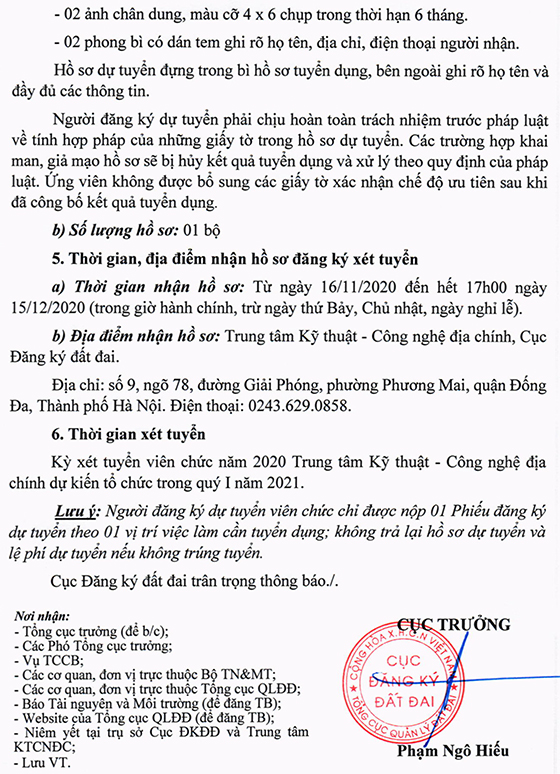 Tổng cục Quản lý đất đai tuyển dụng viên chức làm việc tại TT Kỹ thuật - Công nghệ địa chính năm 2020