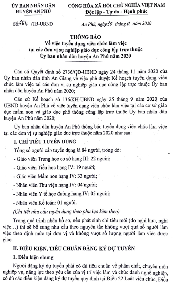 UBND huyện An Phú, An Giang tuyển dụng viên chức giáo dục năm 2020