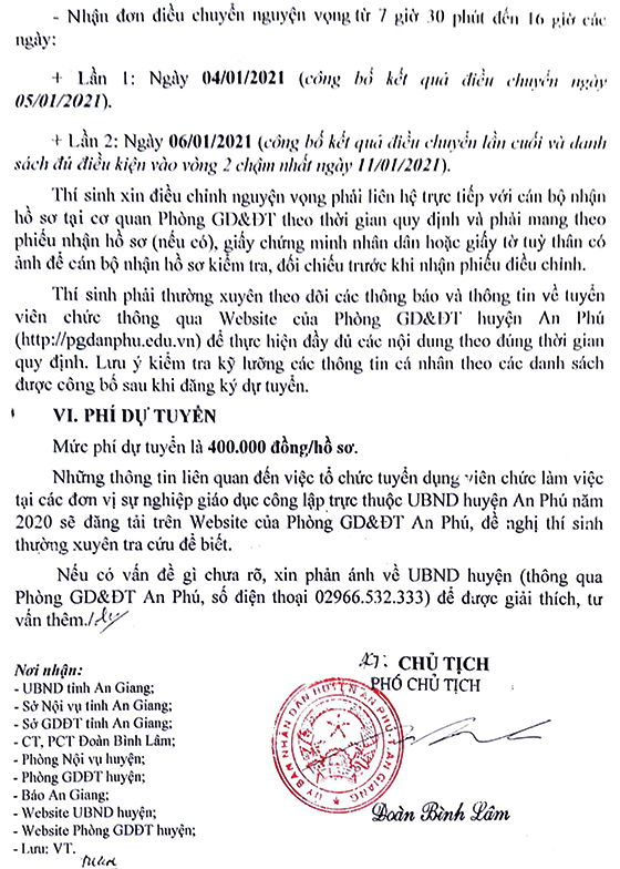UBND huyện An Phú, An Giang tuyển dụng viên chức giáo dục năm 2020