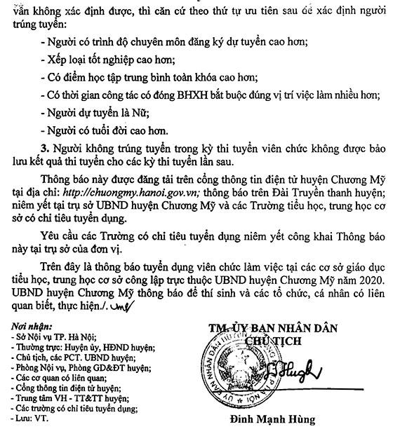 UBND huyện Chương Mỹ, TP. Hà Nội tuyển dụng giáo viên và nhân viên nhà trường năm 2020