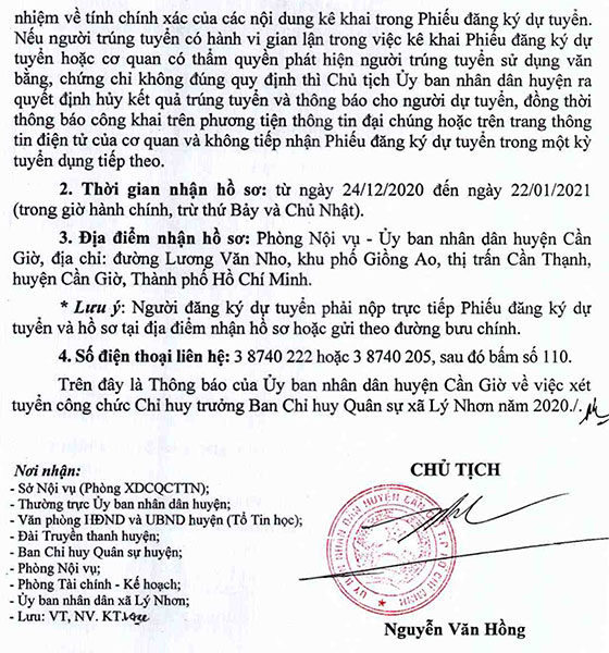 UBND huyện Cần Giờ, TP.Hồ Chí Minh tuyển dụng Chỉ huy trưởng BCHQS xã năm 2020