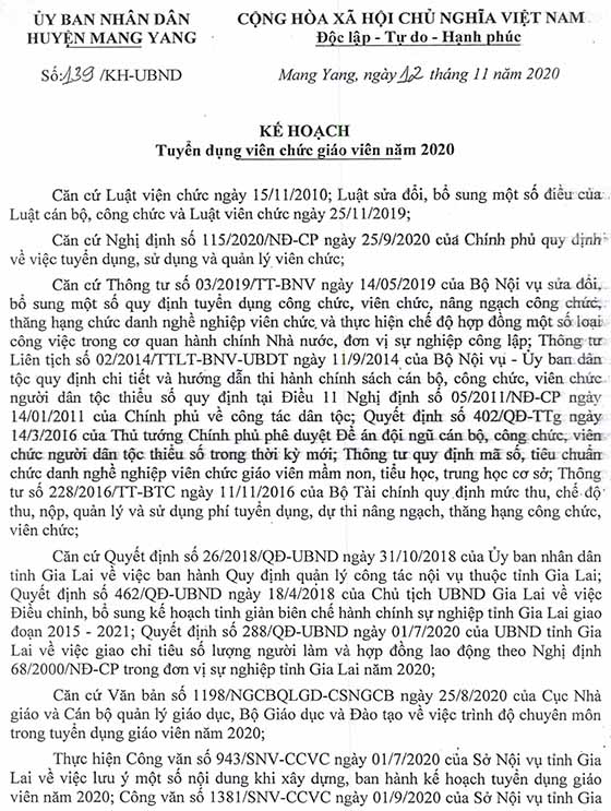 UBND huyện Mang Yang, Gia Lai tuyển dụng viên chức giáo viên năm 2020