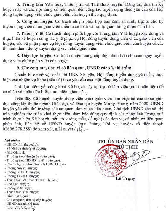 UBND huyện Mang Yang, Gia Lai tuyển dụng viên chức giáo viên năm 2020