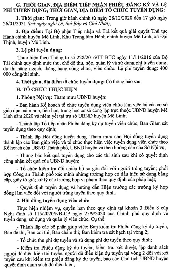 UBND huyện Mê Linh, TP. Hà Nội tuyển dụng giáo viên và nhân viên năm 2020