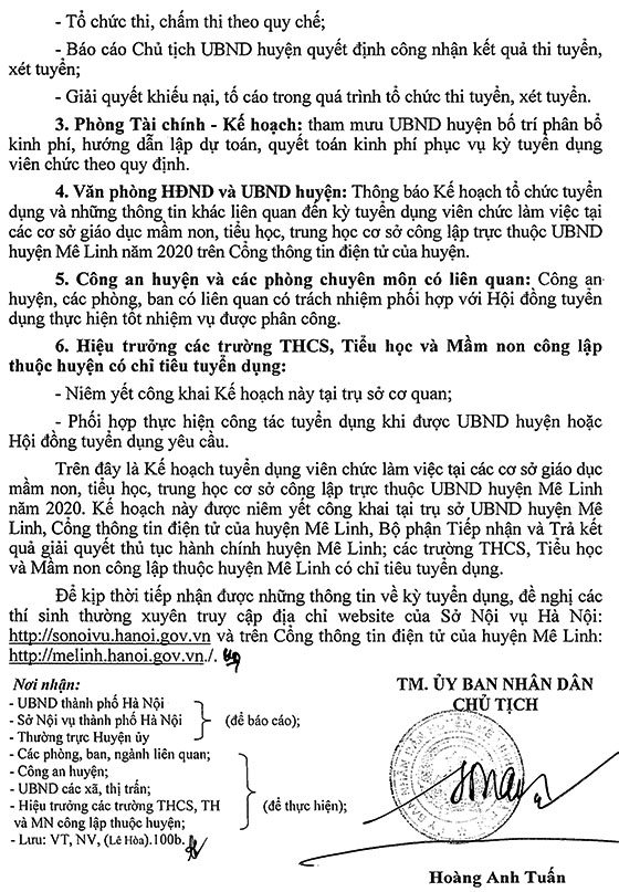 UBND huyện Mê Linh, TP. Hà Nội tuyển dụng giáo viên và nhân viên năm 2020